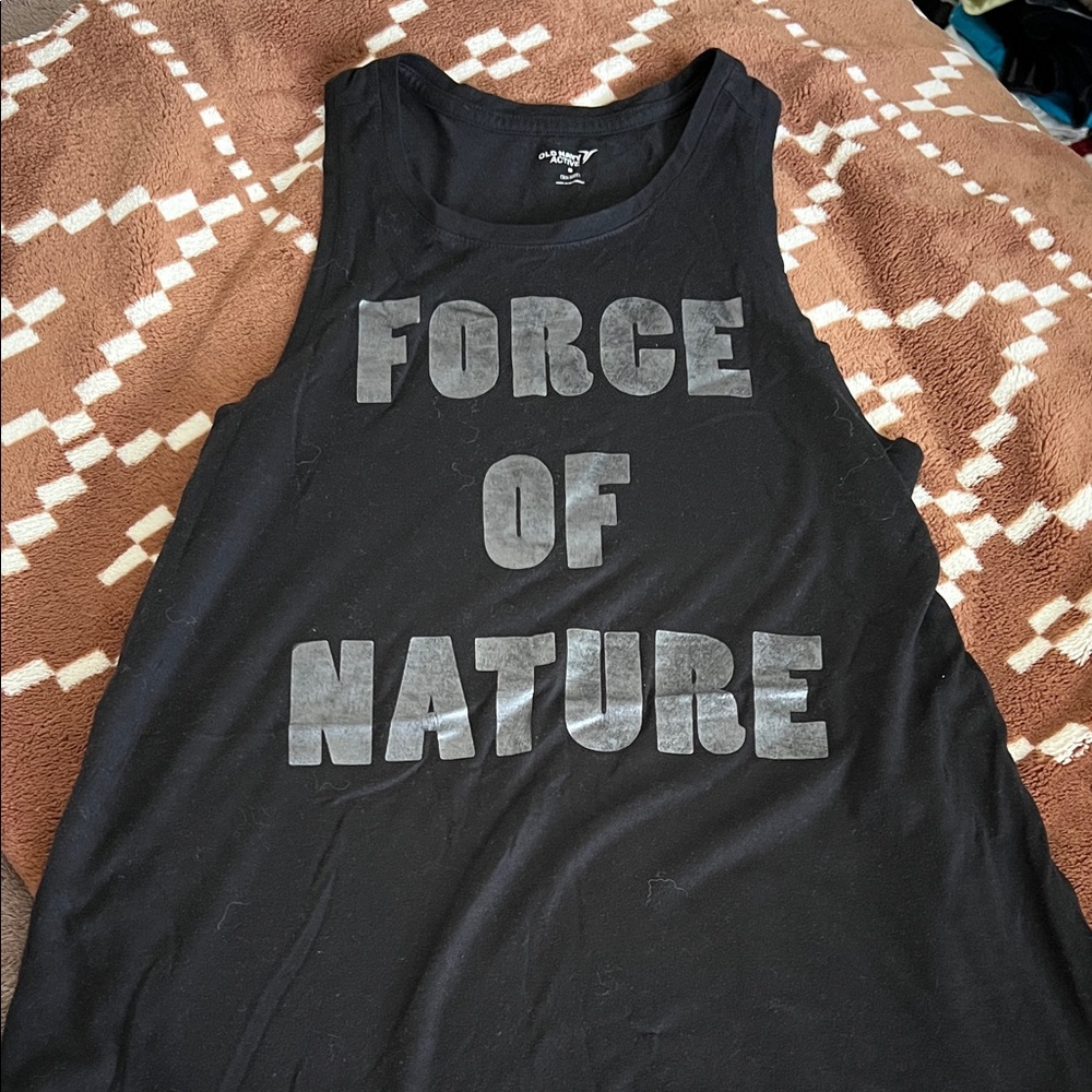 Old Navy Black Tank Top with 'FORCE OF NATURE' Silver Graphic